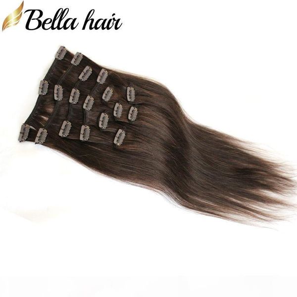 

bellahair new fashionable brazilian human hair clip in on hair extensions  inch straight human remy hair weaves #2 color 100g set, Black;brown