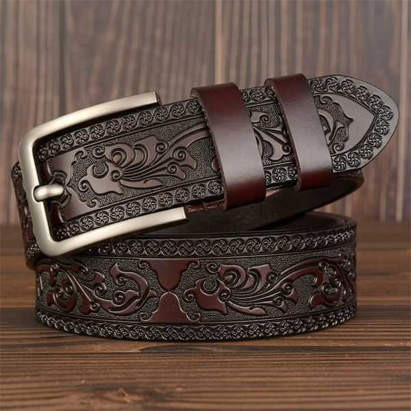 

new cow leather belts men vintage pin buckle male waistband genuine leather men belt flower pressed strap waist belt for jeans y200520, Black;brown