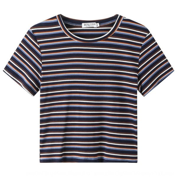 

rainbow girl's coat t-shirt sweet horizontal stripe short sleeve t-shirt korean versatile loose crew neck student mtwno, White