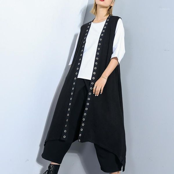 

xuxi summer sleeveless black vest cardigan loose plus size long coat fashion solid color coat 2020 women new fz19831, Black;white
