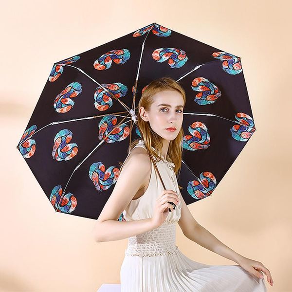 

три складной зонтик с черным покрытием защита от ультрафиолетовых лучей зонтик ветрозащитный элегантный дизайн перо для женщин и леди wmtpea