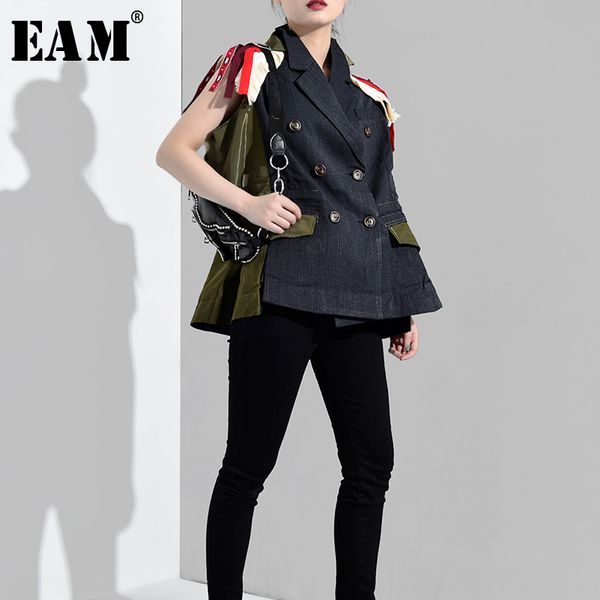 

[eam] new spring autumn lapel sleeveless embroidery spliced hit color loose big size personality vest women fashion qj016 201027, Black;white