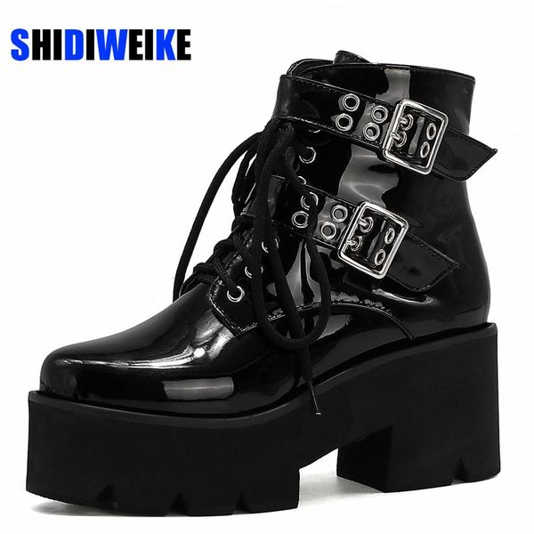 

size 34-43 platform boots women double buckle chunky motorcycle boots for women ankle for dames femmes bottes ab985, Black