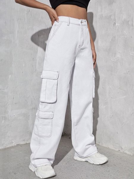 

high waisted flap pocket cargo jeans x4kn#, Blue