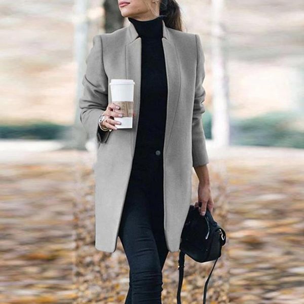 

new women wool coat autumn winter fashion long sleeve stand neck jackets plus size s-5xl solid vintage female overcoats, Black;brown