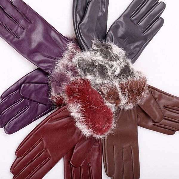 

3 color women lady winter soft pu leather warm gloves fur mittens christmas gift ing, Blue;gray