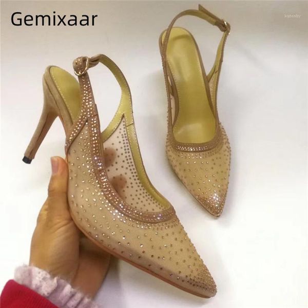 

dress shoes diamond crystal air mesh women pumps thin high heel pointed toe back straps slingbacks rhinestone woman1, Black