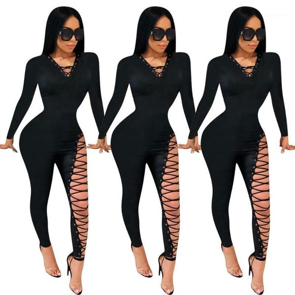 

solid color long sleeves v-neck criss-cross drawstring rivet autumn women jumpsuit style model rompers1, Black;white
