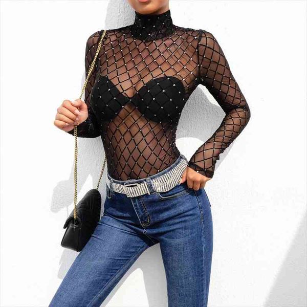 

Women Black Plaid Sheer Mesh Lace Bodysuits Long Sleeve Transparent Top Turtleneck Bodysuit Rompers, Black;white