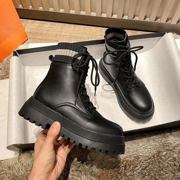 

womens designer boots martin pu leather motorcycle patchwork woolen stripes gocthic lace up platform chunky boot botas for women, Black