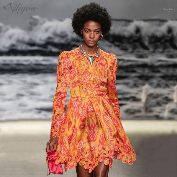 

ailigou print hollow hollow orange dress female o-neck long sleeve high waist contrast color dress female clothing 20201, Black;gray