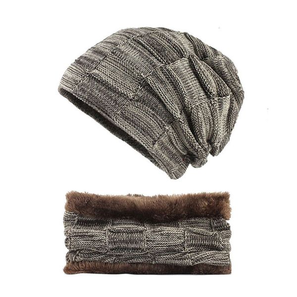 

winter plush warm jacket men's outdoor two jacquard plaid knitting wool collar hat, Black;green