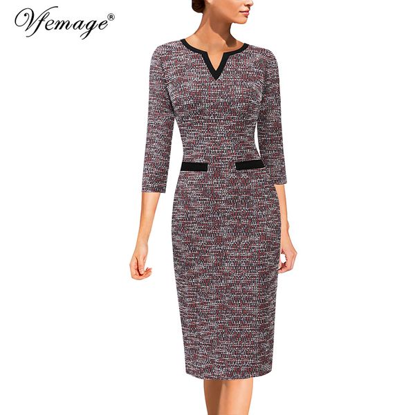 

vfemage womens spring autumn elegant notch v neck colorblock contrast work business office party bodycon pencil sheath dress 177 y200805, Black;pink