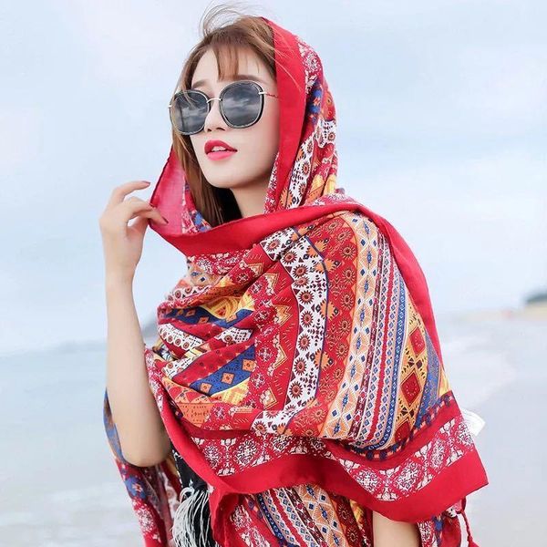 

national wind beach towel female sunscreen shawl cotton and linen long section outside scarf scarf seaside travel wild scarf wmtjpk, Blue;gray