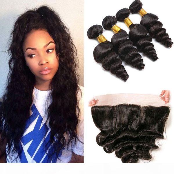 

13x4 ear to ear lace frontal closure with 4 bundles brazilian loose wave curly virgin peruvian indian malaysian human hair weaves closures, Black;brown