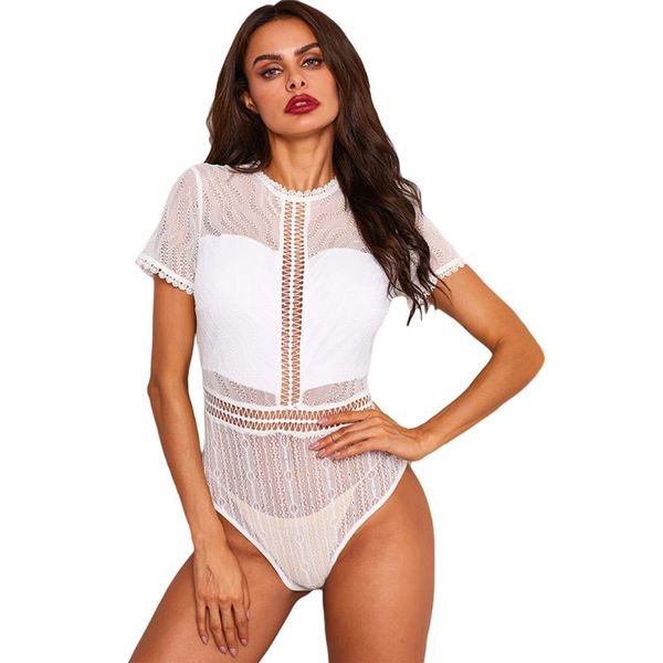 

new round-neck short-sleeved hollow print seamless bodysuits white jumpsuit women rompers, Black;white