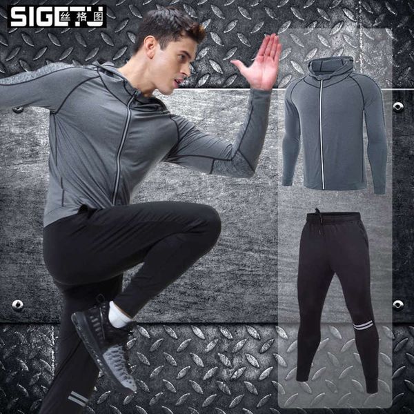 

new men's pro fitness long sports sleeve tight two piece training suit, Gray