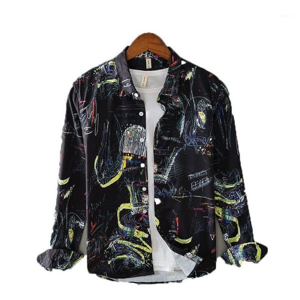 

autumn korean style men's polyester long sleeve shirt harajuku printed button shirts black white turn-down collar streetwear, White;black