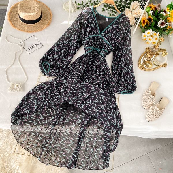 

spring summer girls floral patterns dresses ladys neck long sleeve women's dress puff rrw9, Black;gray