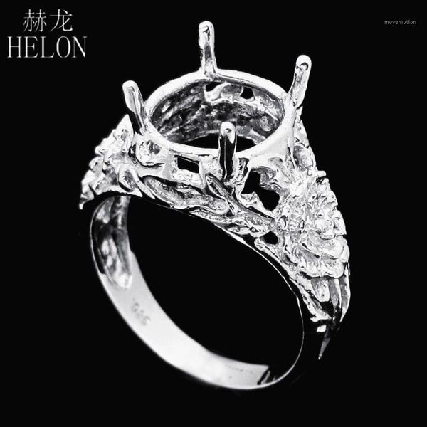 

helon sterling silver 925 oval cut 10x11mm engraved flower elegant unique party jewelry solitaire semi mount ring setting1, Golden;silver