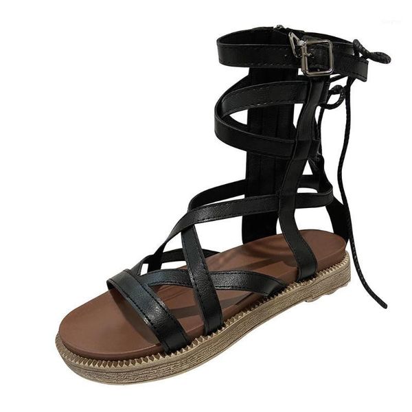 

sandals summer women's belt buckle flat heel roman lace-up ladies shoes open toe casual beach sandalias mujer 20211, Black