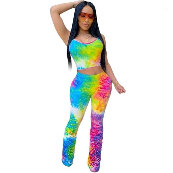 

two piece set women summer tie dye 2 piece matching set 2020 sleeveless crop and stacked pants women club outfits1, White