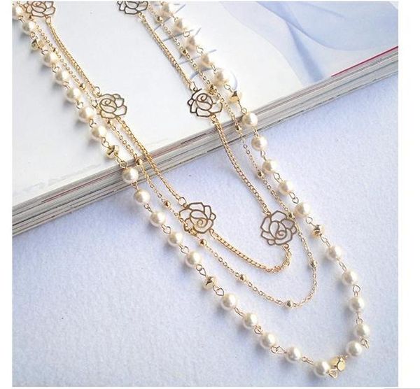 

chains 2pcs multilayer fine imitation pearl rose flowers female long necklace sweater chain wedding mother's day jewelry, Silver