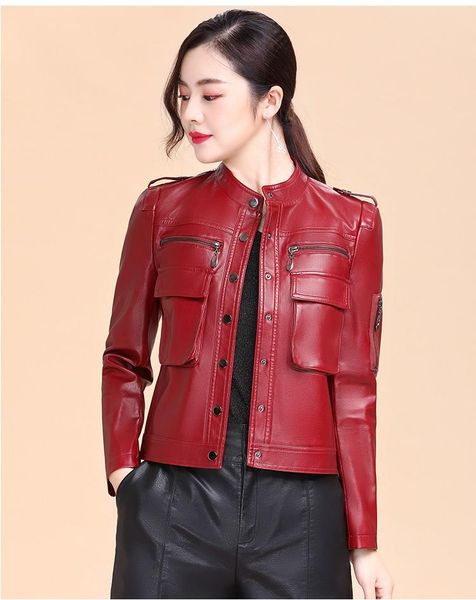 

women's leather & faux short 2021 autumn korean slim jacket, Black