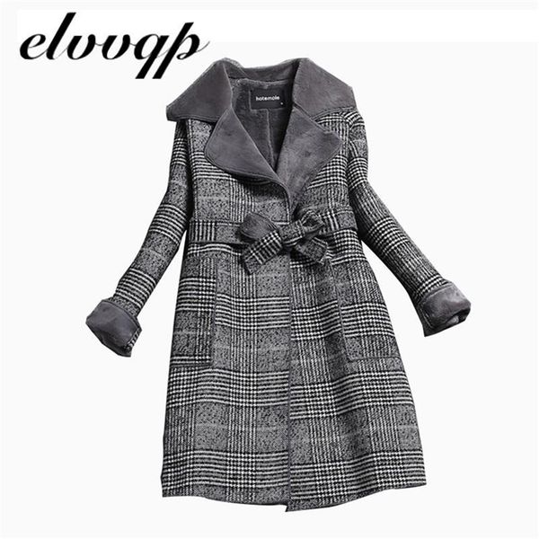 

woolen coat women new winter long thick plus velvet warm fur jackets elegant pocket plaid belt ladies coats 201221, Black