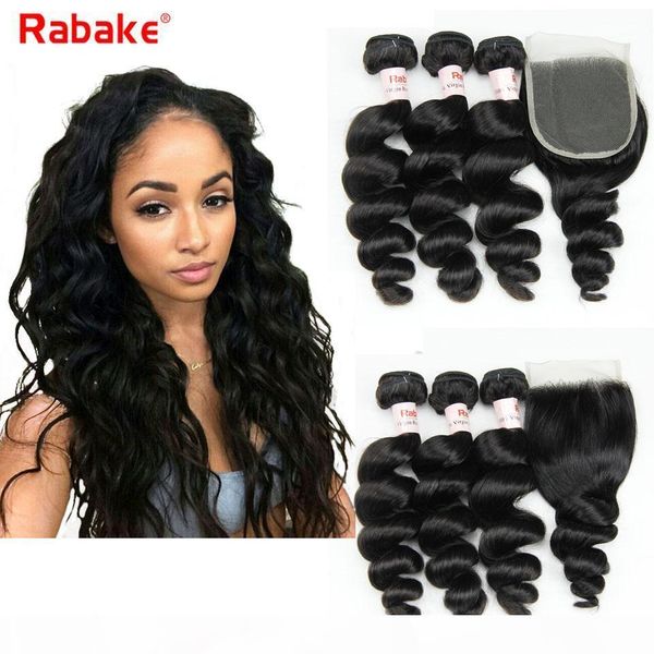 

peruvian loose wave human hair bundles with closure rabake brazilian raw indian malaysian loose wave hair weave extensions 4pcs lace closure, Black;brown