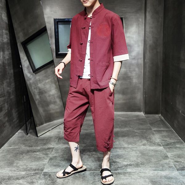 

4 colors half sleeve linen shirts+ cropped pants two pieces tracksuit men plus size -5xl summer streetwear vintage clothing man, Gray