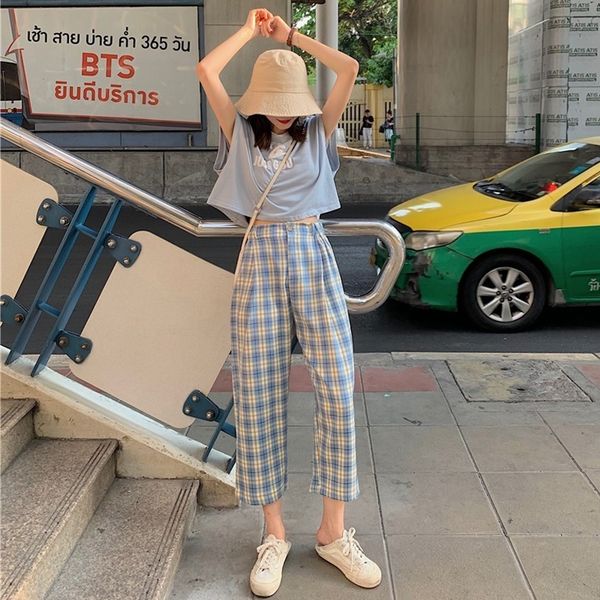 

houzhou summer checkered pants women plaid pants korean style wide leg pants casual loose high waist straight trousers 201031, Black;white