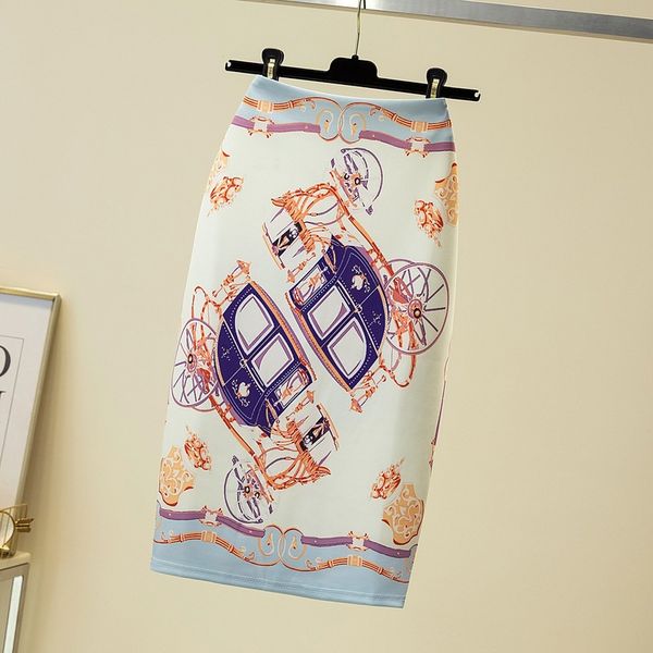 

2021 new summer pencil skirt women print midi skirt carriage patterns waist elastic skirts fashion clothing, Black