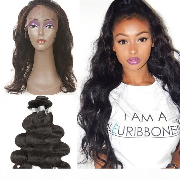

8а remy малазийского девы волос body wave 3 пучки 360 кружево фронтальной с bundle 360 ​​кружево фронтальной pre щипковые фронтальные связки, Black;brown