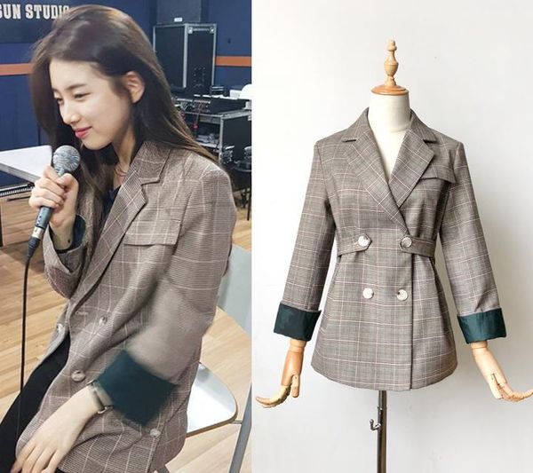 

women's clothing plaid double breasted suit coat1, White;black