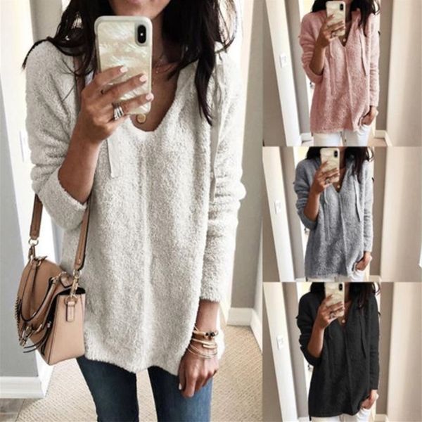 

3l9kh 2020 autumn and winter women's drawstring loose sweater women's 2020 autumn and winter fur hoodie hoodie drawstring v-neck, Black
