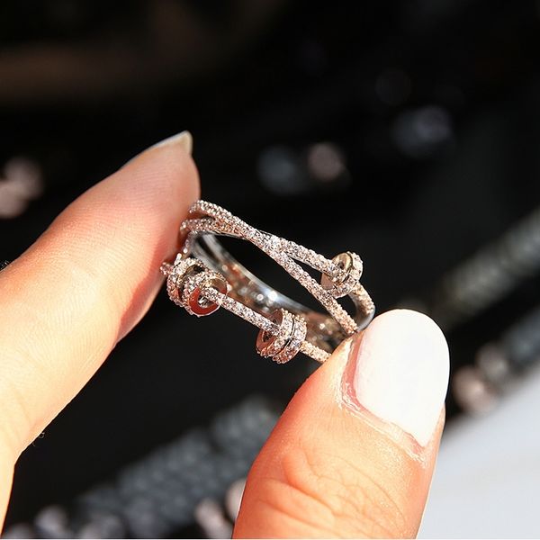 

moving round circle zircon pure 925 sterling silver finger ring double layer star ring love forever women wedding jewelry q1119, Golden;silver