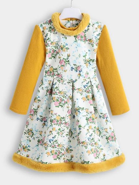 

toddler girls floral print fuzzy trim fold pleated hem belted dress she, Red;yellow