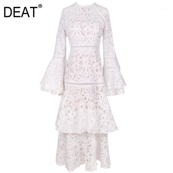 

deat]2020 bohemian dress women vintage hollow out flare sleeve high waist flare sleeve multi-layer elegant fashion am5951, Black;gray