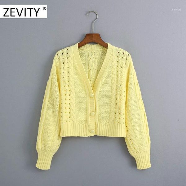 

zevity new women v neck three quarter sleeve embroidery cropped knitted cardigan sweater female hollow out twist chic s3421, White