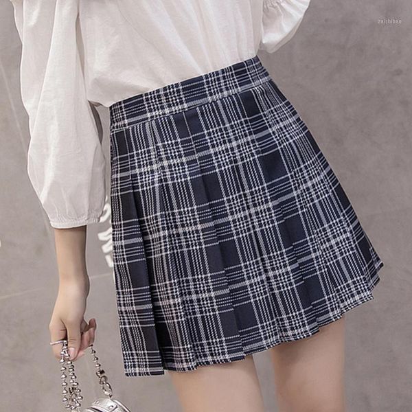 

female slimming plaid skirt pleated short skirt high waist a line college wind girl kawaii blue plaid summer womens mini skirts1, Black