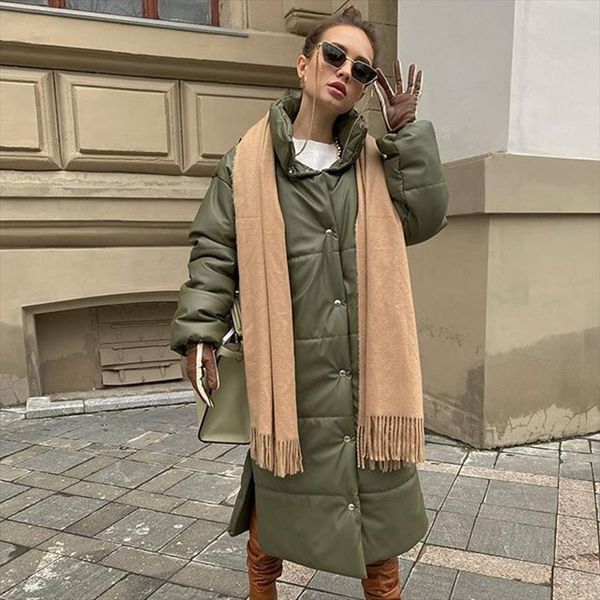 

malina winter khaki windproof parkas women fashion casual pu leather coats women elegant long cotton jackets female ladies hz, Black