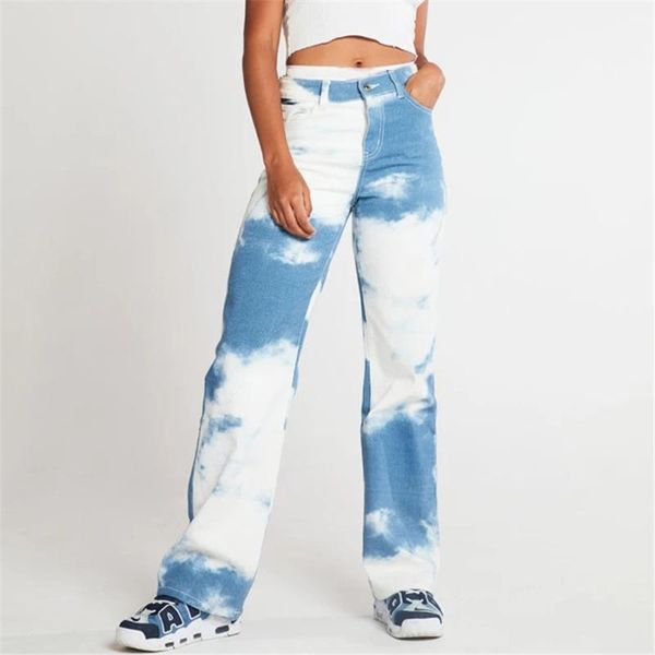 

cotton high waist straight tie dye jeans women 2021 spring new streetwear white background dyed blue hip-hop lady denim pants1