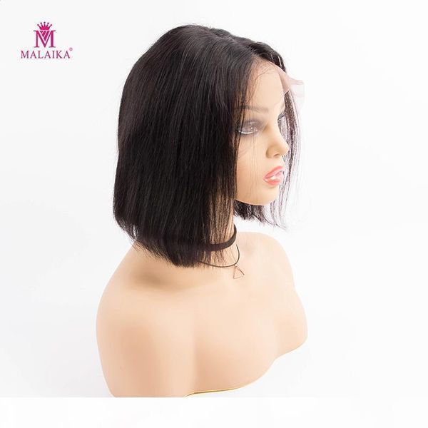 

malaika lace front bob wigs kinky straight braiding straight human hair hair with baby 13x4 130%, Black;brown