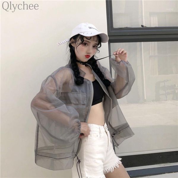

women's jackets qlychee transparent lace up sunproof jacket long sleeve pocket zipper coat women summer streetwear1, Black;brown
