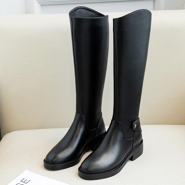 

genuine leather female big size riding boots 4.5cm med heels night club shoes woman winter warm long women knee high boots, Black