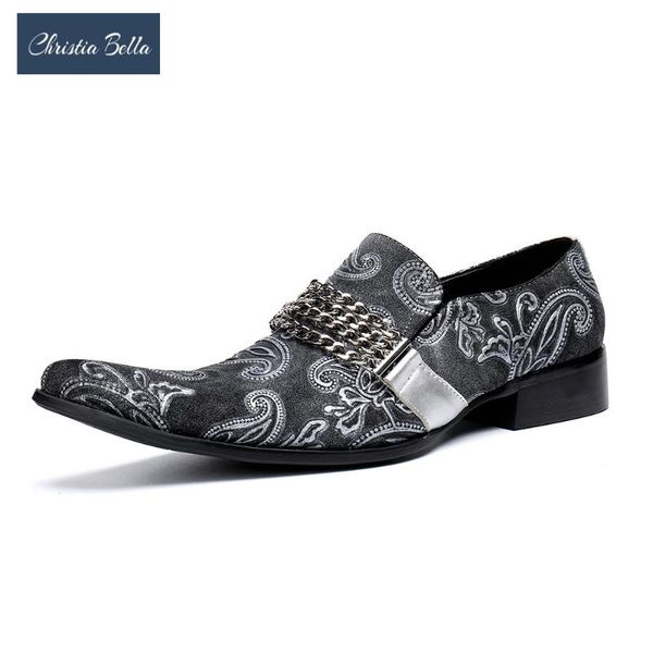 

christia bella new printing metal crystal chain business man shoes slip on square toe genuine leather shoes formal party, Black