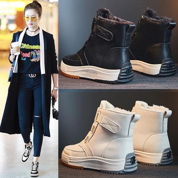 

boots genuine leather snow women white sneakers warm winter shoes high ankle for 2021, Black