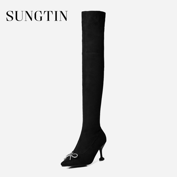 

boots sungtin black high heel autumn winter thigh women plush warm long ladies over the knee plus size 35-48