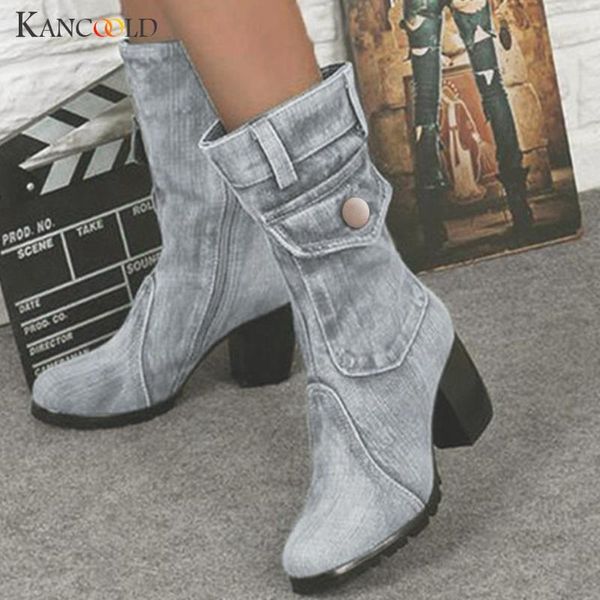 

kancoold women's casual retro roman solid color large size is not tied with a thick mouth with a middle tube boots, Black